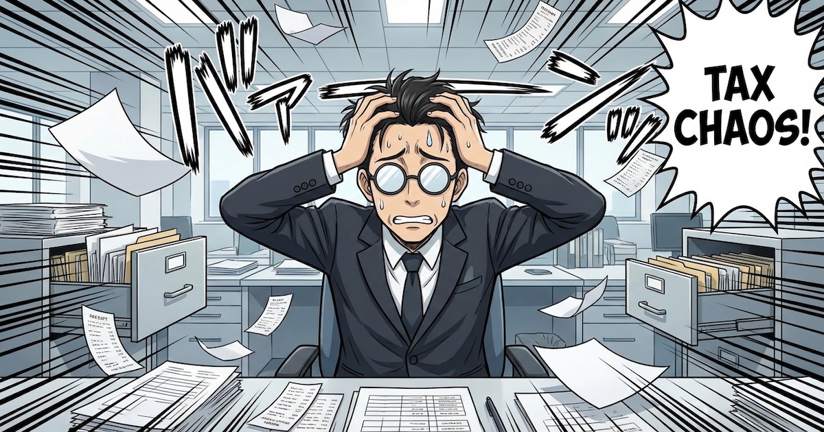 Anime-style illustration of a stressed accountant surrounded by missing receipts